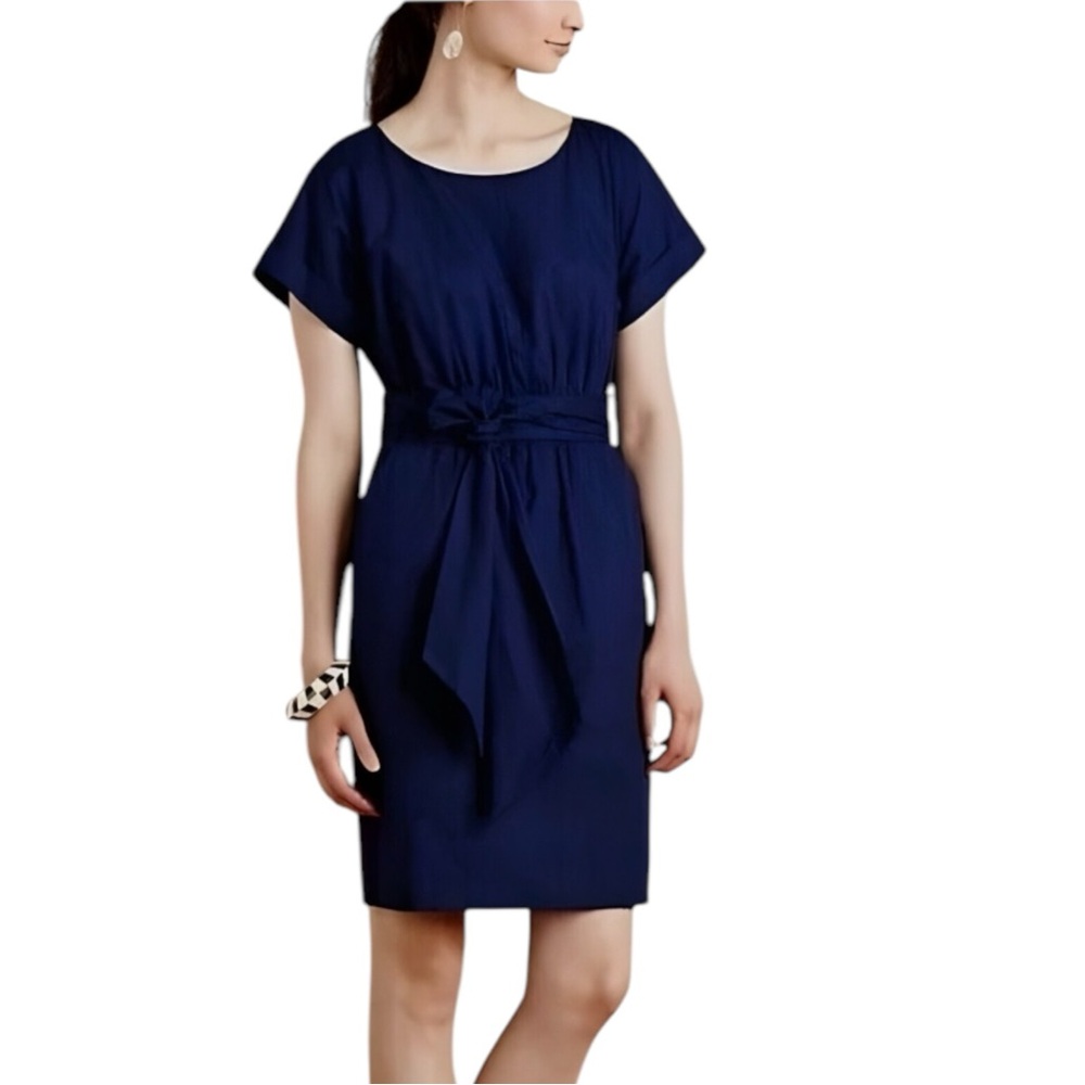 Anthropologie HD in Paris Navy Blue Poplin Tie Waist Sheath Dress size 0P